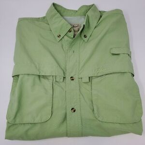 L.L.BEAN NYLON FISHING CAMPING SHORT SLEEVE BUTTON DOWN SHIRT GREEN MEN LARGE